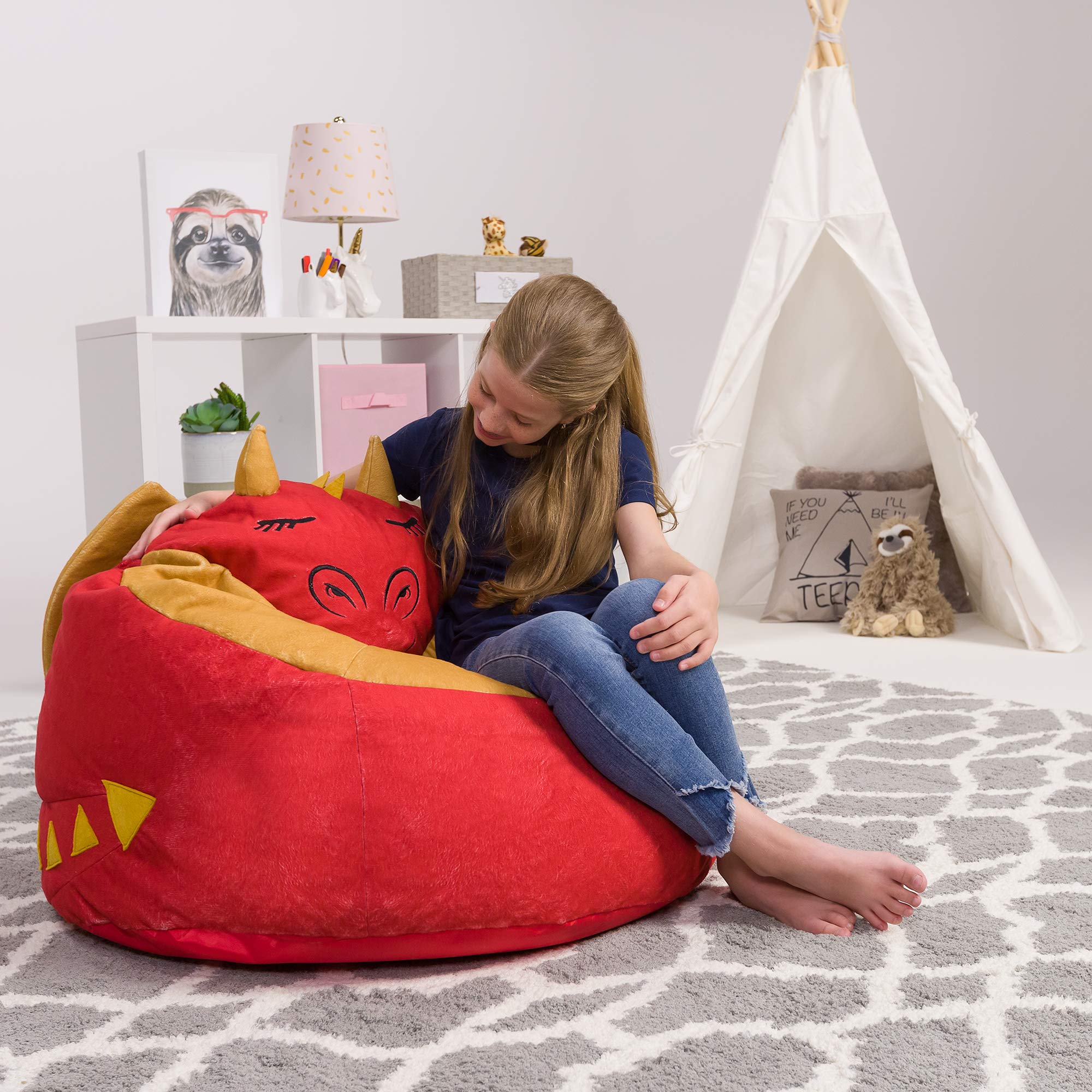 Posh Creations Cute Soft And Comfy Bean Bag Chair For Kids, Large, Animal - Red Dragon